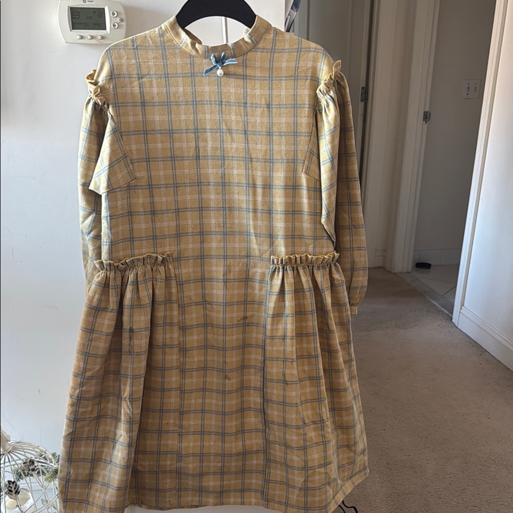 MAMNON Girls mustard Plaid Long-Sleeve Ruffle Pocket Dress